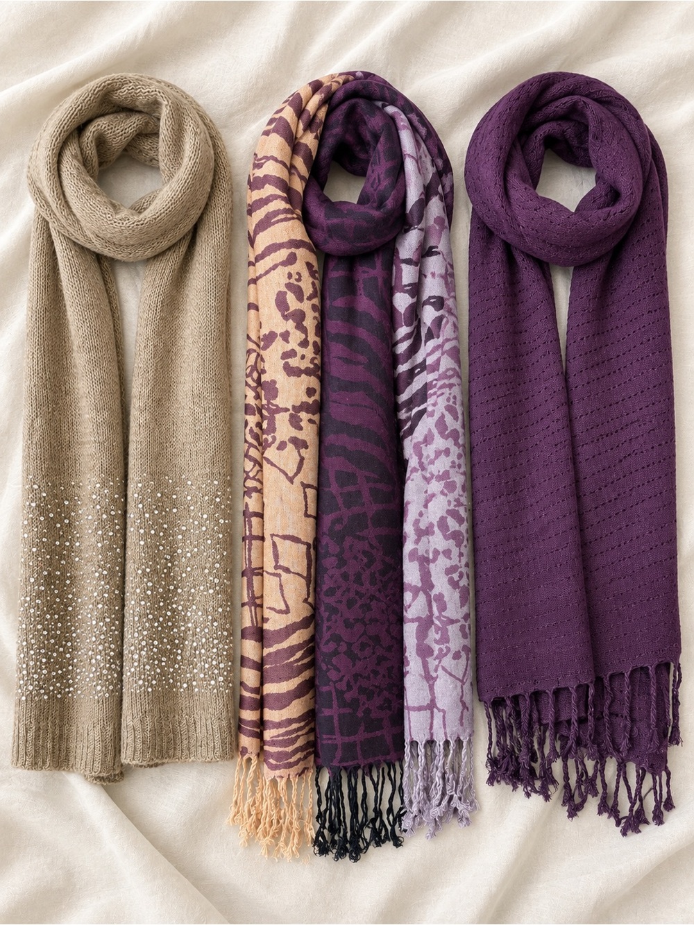 3 Piece Plum & Taupe Jewel-Tone Scarf Collection